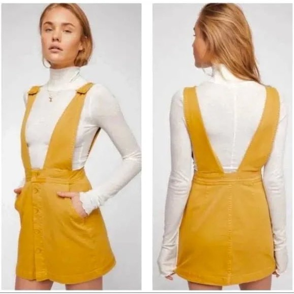 Free People Mallory jumper skirted jumpsuit Size 2 mustard yellow pinafore dress